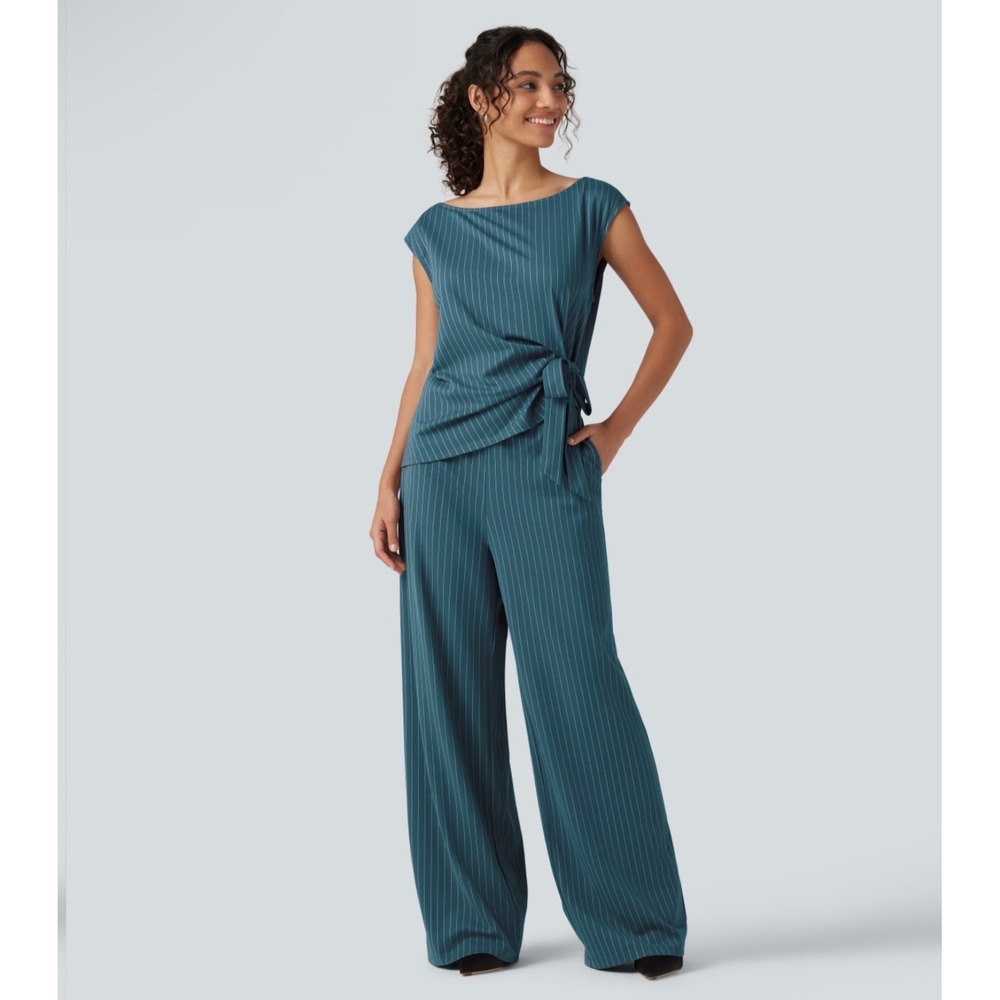 Halara Teal Pinstripe Boat Neck Sleeveless Tie Side Wide Leg Work Jumpsuit M - Picture 3 of 12
